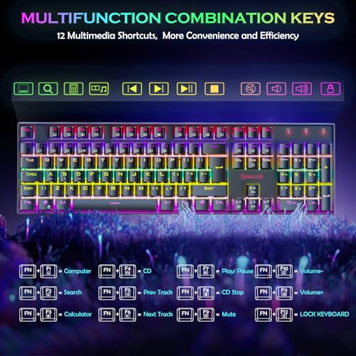 Redragon Mechanical Gaming Keyboard, LED Rainbow Backlit 104 Keys with Red Switches, Durable ABS Keycaps/Anti-Ghosting Keys/Metal Case Wired Keyboard Gaming for PC/Mac - UK Layout - Image 5