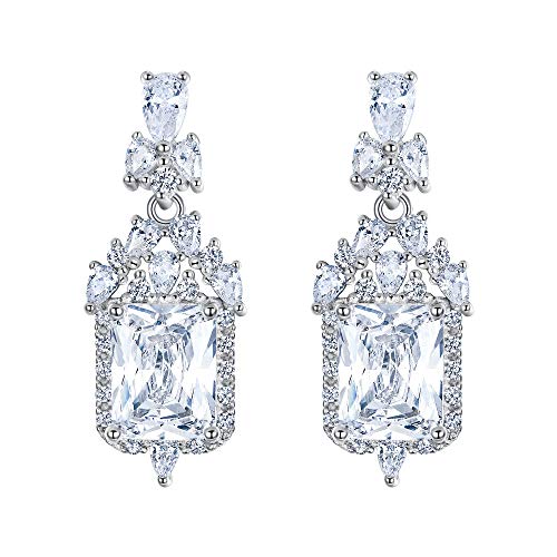 EleQueen 925 Sterling Silver Full Prong Cubic Zirconia Art Deco Victorian Style Bridal Dangle Earrings