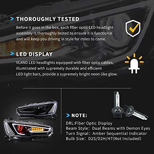 VLAND Led Headlights Compatible with Mitsubishi Lancer& EVO X 2008-2020 Projector Front lamp Assembly w/Smoke Lens w/Sequential w/Black Housing w/Demon Eyes by VLAND - Used condition - Image 7