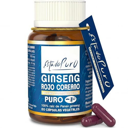Ginseng Rojo Coreano Puro 1000mg | Panax Ginseng Máxima Concentración en Ginsenósidos | Energía Mental Vitalidad | Adaptógeno Natural | 50 Cápsulas Veganas Estado Puro