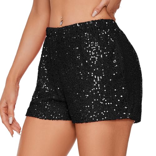 Zando Elastic High Waist Sequins Shorts for Women Solid Glitter Straight Leg Hot Bottom for New Year Disco Party Club Concert