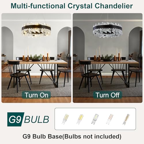 Image of AioTio Modern Crystal Chandelier, D23.6'' Black Round Farmhouse Industrial Hanging Chandelier, K9 Crystal Raindrop Adjustable Chandeliers for Dining Room,Bedroom, Kitchen Island,Living Room,Foyer