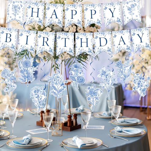 Image of JarThenaAMCS 11 Pcs Blue Flower Birthday Banner Chinoiserie Floral Happy Birthday Bunting Garland with Elegant Flower Hanging Swirl for Party Decoration