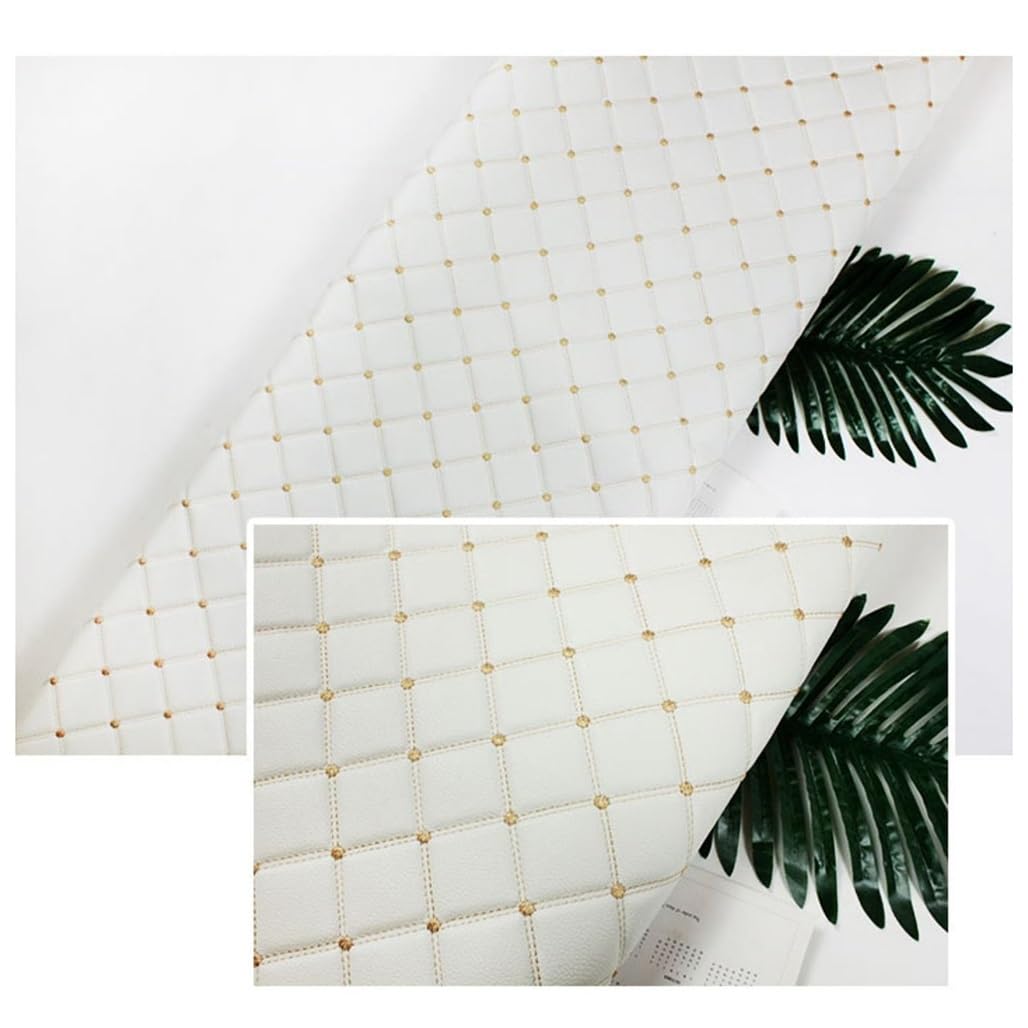 JNTFNE Faux Leather Fabric Leatherette Premium Soft Feel Material Vinyl Cloth Upholstery Width 160cm, Quilted Diamond Stitch Padded Cushion Linen Wadding for DIY Sewings(White,1.6x2m)