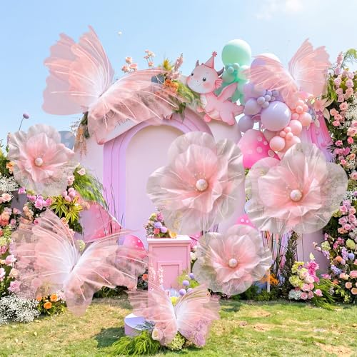 Image of Cinnvoice 8 Pcs Gradient Pink Large Butterfly Flower Decorations 20 Inch 12 Inch 3D Giant Silk Butterfly Big Flower Mariposas Grandes para Decoracion for Wedding Backdrop Birthday Party