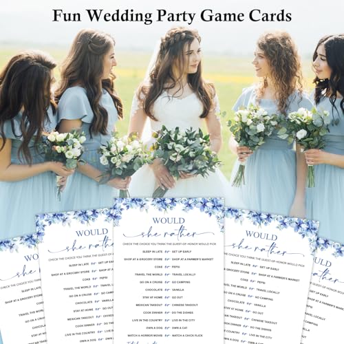 Image of Would She Rather Bridal Shower Games, 25 Blue Floral Wedding Shower Game Cards Set, Engagement Party Game for Guests, Wedding Games for Reception, Minimalist Marriage Party Supplies-01