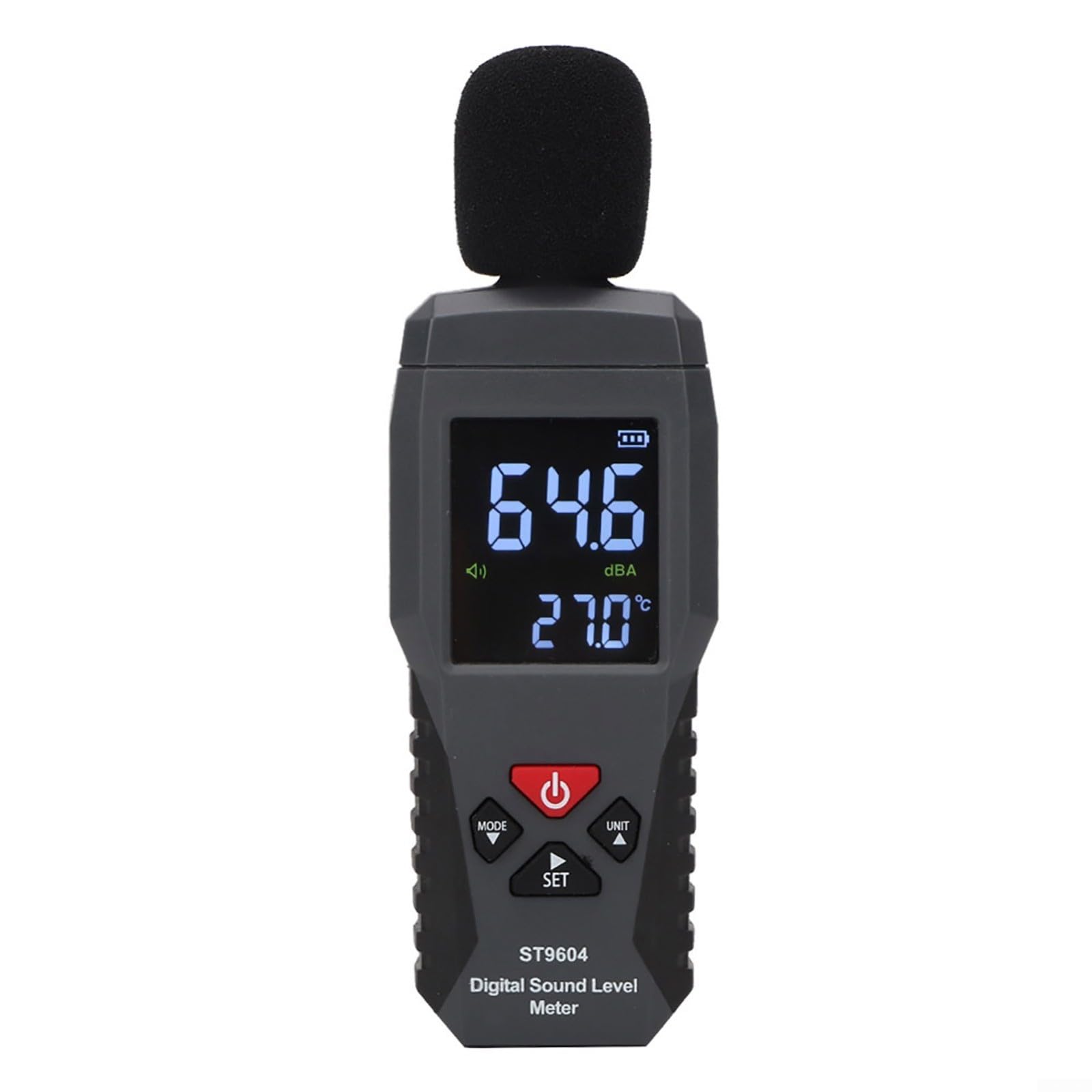 ST9604 - Misuratore di livello acustico digitale 30-130dB, misuratore di rumore con display LCD e funzione di temperatura, tester di decibel portatile per ufficio per cantiere
