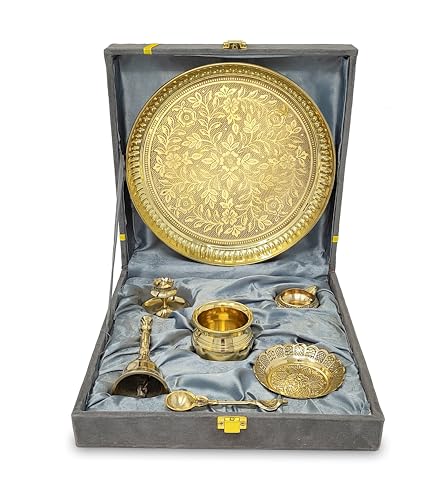 Image of BENGALEN Brass Pooja Thali Set with Grey Gift Box 8 Inch Pital Puja Thali Dhup Dan Kalash Palli Ghanti Kangura Plate Kuber Diya for Diwali Home Mandir Office Wedding Return Gifts Items