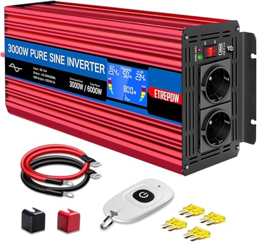 ETREPOW 3000W/6000W Inverter 24V 220V Onda Sinusoidale Pura Trasformatore con 2 Prese EU e una USB, Telecomando Senza Fili e Display LCD,Adatto per Impianti Solari, Caravan, Camion, Campeggio