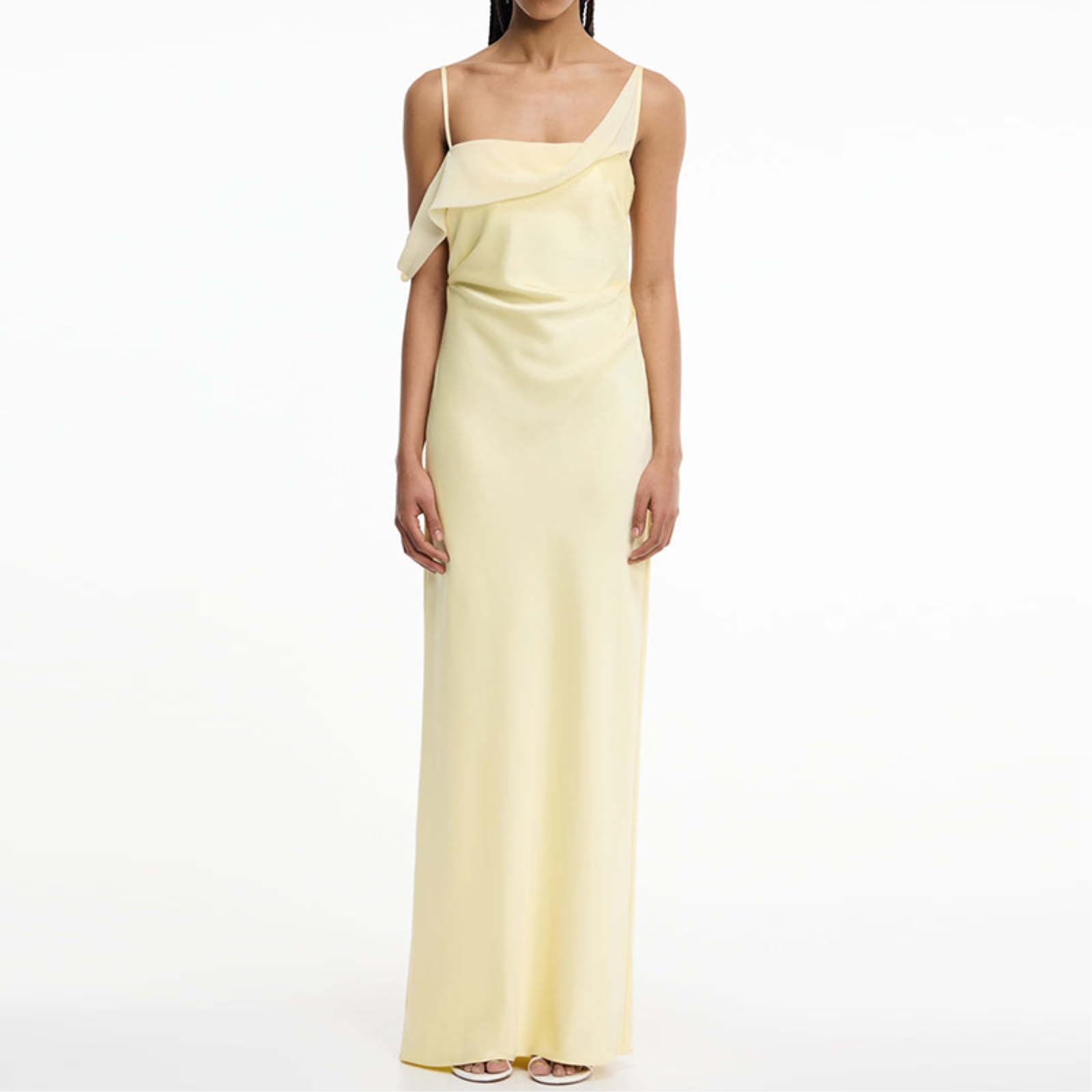 Abito Donna Una Spalla Raso Maxi Asimmetrico Drappato da Sera, Mucca Cinturina Asimmetrica Abito-05 Blue-s