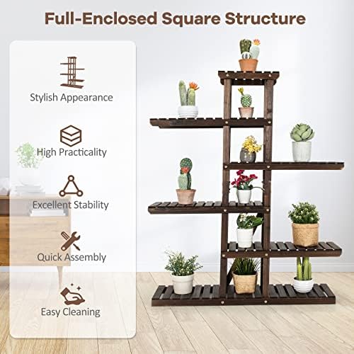 TANGZON 5/6 Tier Plant Stand, Potted Flower Ladder Display Rack, Indoor Outdoor Multifunctional Storage Shelf for Patio Balcony Garden Yard (6 Tier, Dark Brown)