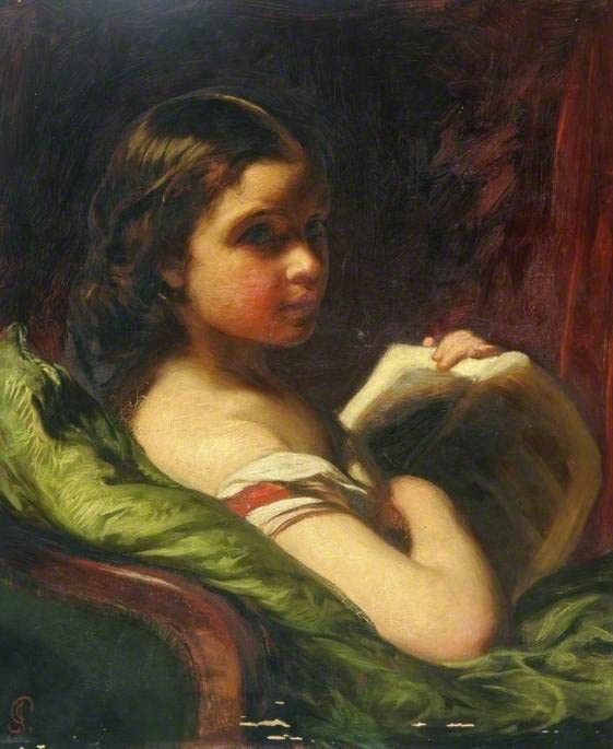 Tableau portrait d'une jeune fille tenant un livre par Sant poster vintage 60x90cm