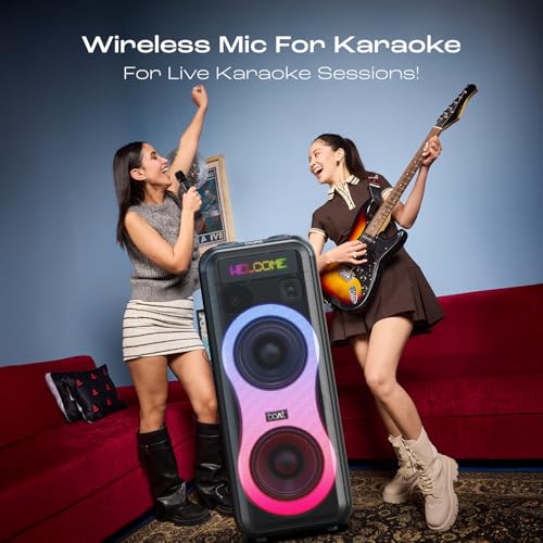 Image of Boat PartyPal 600 Party Speaker, 220W Signature Sound, Dynamic Pixels, Animated Text Display, App Support, UHF Wireless Microphone, Colorful LEDs,7hrs Battery & Guitar Input (Premium Black)