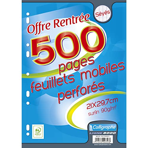 Calligraphe 9353C (gamme scolaire Clairefontaine) - Un paquet de Feuillets Mobiles sous film - A4 21x29,7 cm - 500 pages Grands carreaux - papier blanc 90g -...