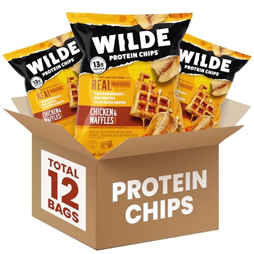WILDE Protein Chips Chicken & Waffles, High Protein Snacks for Adults, Keto Chips, Gluten Free, Low Carb Snack Box Made with Real Ingredients 1.34oz Bags, Pack of 12