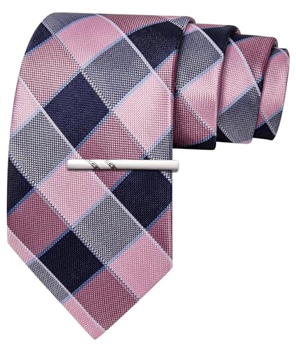 Image of Barry.Wang Plaid Ties Mens Silk Necktie and Tie Clip Checkered Tie for Wedding Party Business Formal