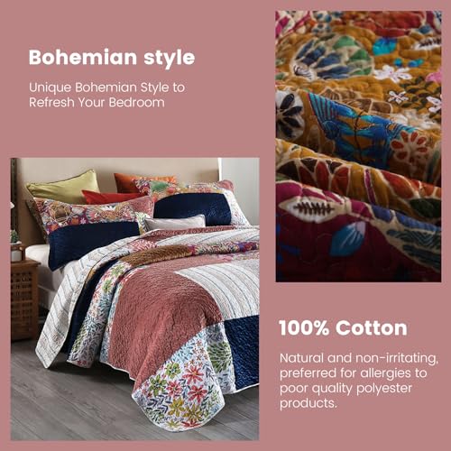 Secgo Queen Comforter Set for Bed - 100% Cotton Quilts Queen Size, Black Bedspreads (90 * 98 Inch) with 2 Pillow Shams, Patchwork Reversible Lightweight Bedding