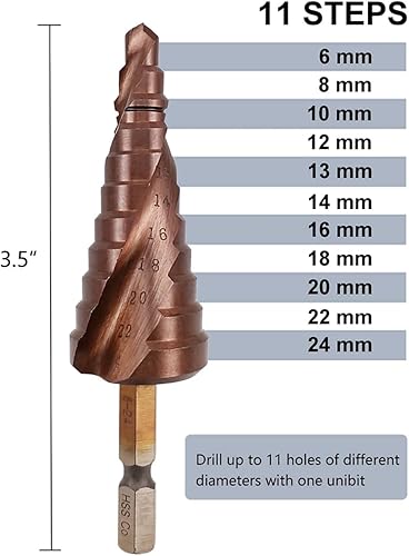 Miniatura 2 de Hymnorq Broca de acero cobalto de 11 escalones, grado M35 5% HSS Co, tamaño métrico de 0.236 in a 0.945 in, flautas en espiral doble y vástago