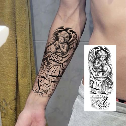 Image of Bilizar 17 Sheets Angel Jesus Temporary Tattoos For Men Women Adults Forearm Half Arm Sleeve Tattoo Sticker, Realistic Letters Fake Engraved Tattoos Family Dove Christian Faith Tatoos Body Art Durable