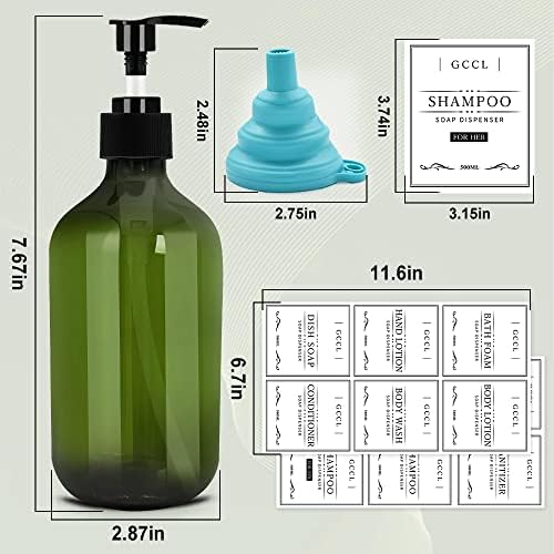 4 Pack 500ml Soap Pump Bottle Dispenser, Empty Plastic Lotion, Dish Soap, Shampoo and Conditioner Bottles, Liquid Soap Dispenser with Waterproof Labels and Funnel for Bathroom, Kitchen, Hotel (Green)