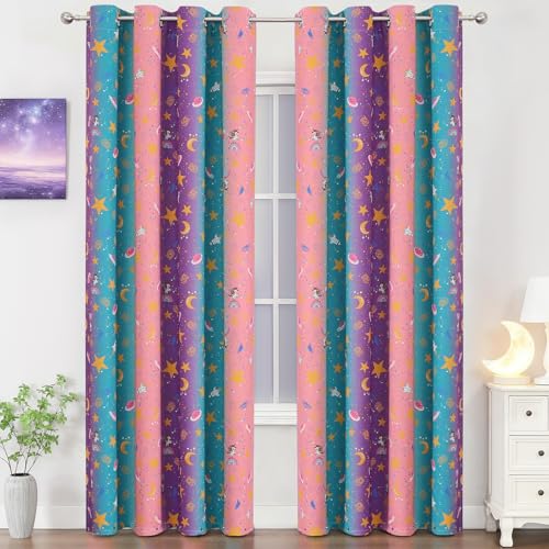 Image of Pink Purple Teal Unicorn Blackout Curtains 96 Inch Length for Kids Bedroom