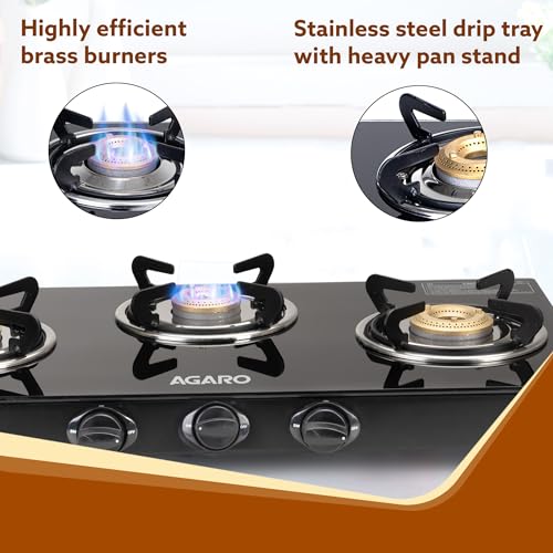 Image of AGARO Elite 3 Burners Gas Stove, Toughened GlassTop, Round Brass Burners, 1 Small, 1 Medium & 1 Big Size Burner, Spill Proof Fixed Drip Tray, Manual Ignition, Kitchen Use, Regular Cooking Use, Black