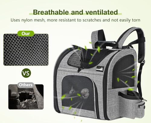 pecute Haustier Rucksack mit Netzfenster, Tragbare und Faltbare Katzentasche, Atmungsaktive und Leichte Hundetasche, Wasserdichtes Oxford-Tuch mit Viel Platz, Multifunktionales Rutschfestes Grau M