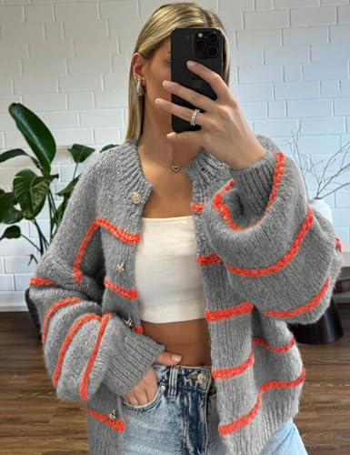 Image of QIBABU Womens Striped Cardigan Sweaters Casual Open Front Long Sleeve Button Down Knit Outwear