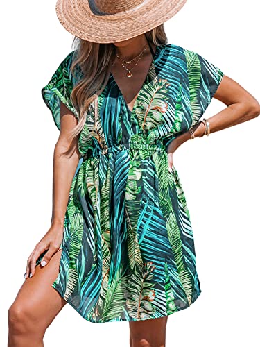 Cupshe Women's V Neck Leaf Print Short Dress Short Sleeve Formal Dress Elastic Waist A Line Mini Dress #TOP15