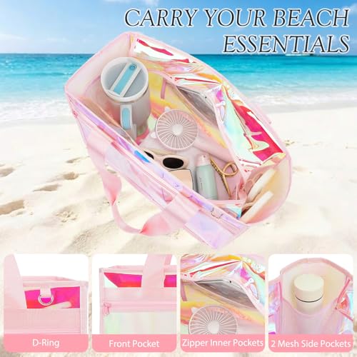 Image of Fammart Iridescent Clear Beach Bags Waterproof Sandproof for Women, Large Jelly Tote Zipper Pool Bag Cruise Essentials 2026