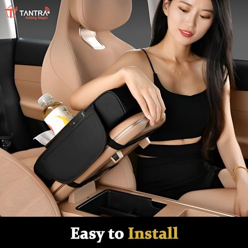 Image of TANTRA Premium Car Armrest Cushion Organizers, 5-in-1 Center Console Cover with 2 Storage Bags Cup Holder, Tissue Box Slot, Phone Slot for Sedans, Car Accessories Interior Organizers (Black)
