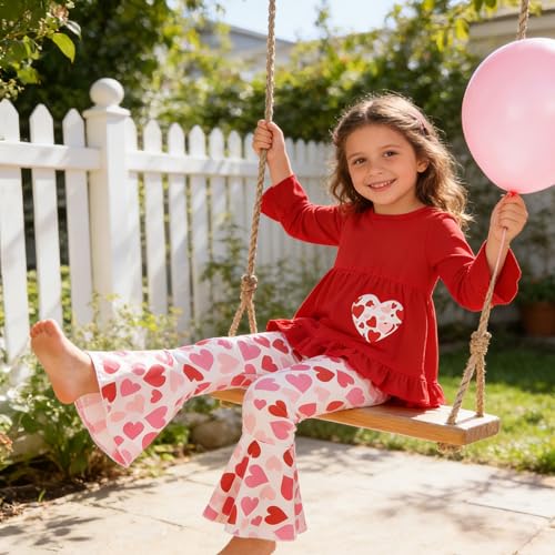 Image of Toddler Girl Clothes Ruffle Long Sleeve Heart Print Tops and Pants 2PC Little Girl Winter Outfits Size (4-7T)