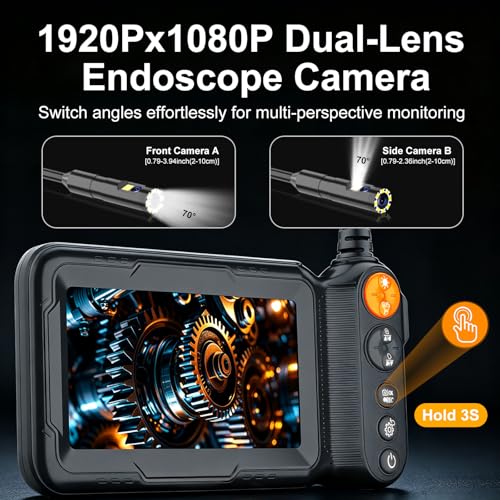 Cámara endoscópica HD 1920P con pantalla IPS 5", lente dual y luz miniatura 3