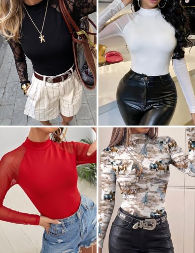 Mesh Shirts for Women Long Sleeve Lace Tops See Through Sheer Blouse Black - image 6