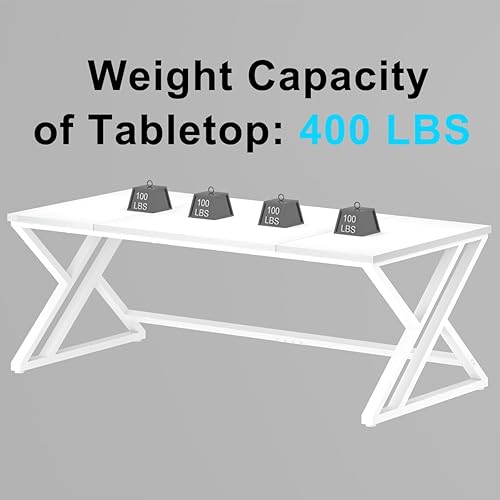 Miniatura 8 de LVB Escritorio largo blanco para computadora, moderno y grande de madera, escritorio de oficina de metal, escritorio de trabajo de estudio para dos