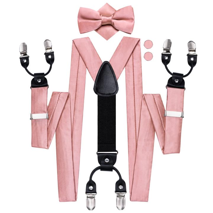Image of Hi-Tie Men Suspender Bowtie Set Suspenders Pre-tied Bow Tie Pocket Square Cufflinks Adjustable Y Shape 6 Clips Braces Tuxedo