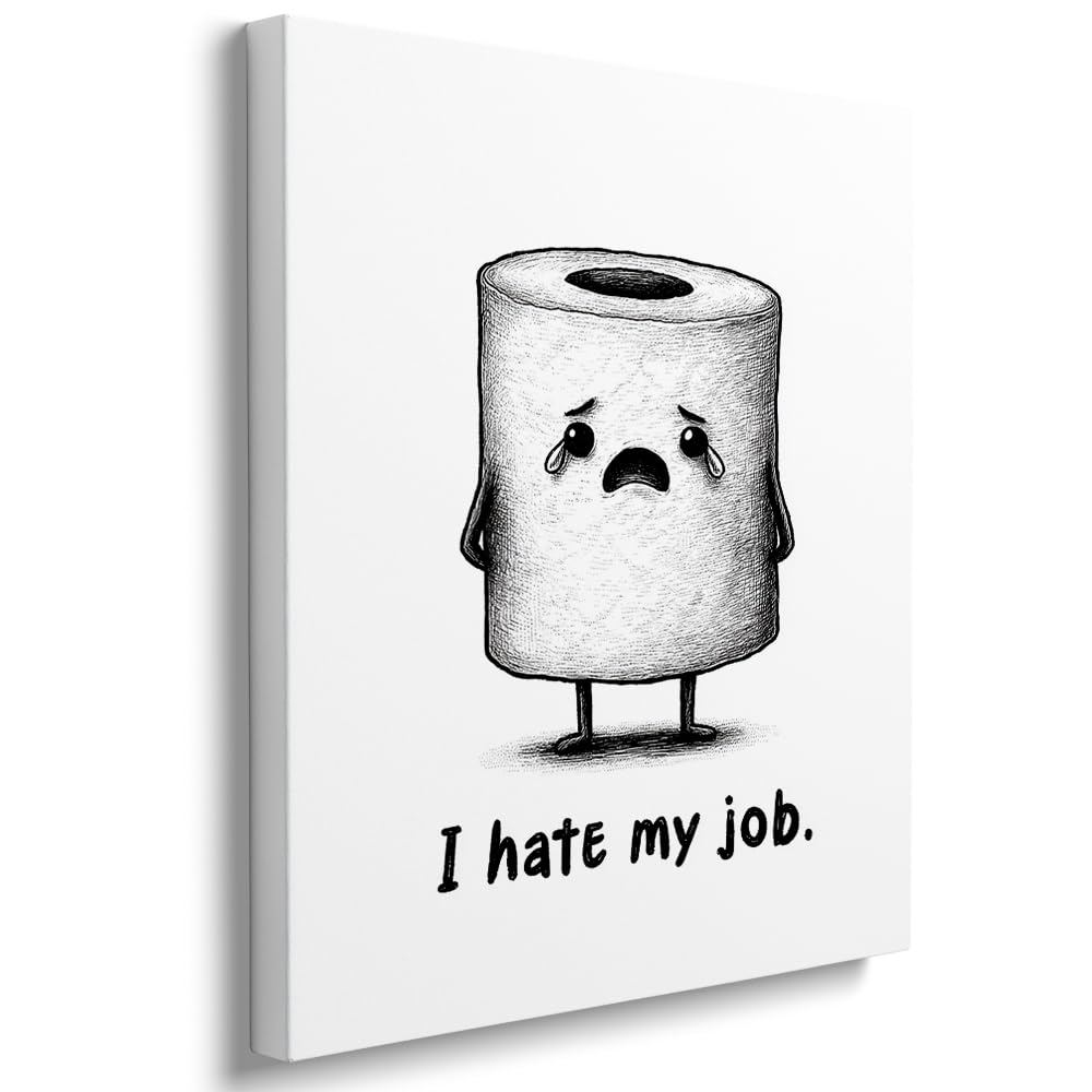 Funny Bathroom Wall Art 'I Hate My Job' Toilet Paper Cartoon Poster Print, Black and White Restroom Decor for Bathroom or Office 40x50cm Wood Framed