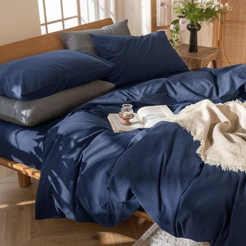 Image of MooMee Duvet Cover Set 100% Washed Cotton Linen Like Queen | Relaxed Linen-like Texture. Soft, Breathable & Long-lasting Comfort. Lightweight. Hidden Zipper with 8 Interior Corner Ties