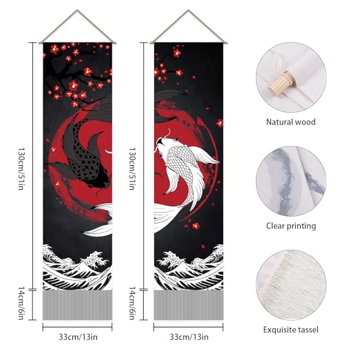 AHANDMAKER Pack of 2 Retro Yin Yang Carps Tapestries Carps Vertical Bohemian Tapestry Yin Yang Carps Tassel Tapestry Wall Hanging for Bedroom Living Room Home 13 x 51 Inch - Image 3