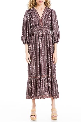 Max Studio Women's 3/4 Puff Sleeve V-Neck Maxi Dress, Spiced Apple