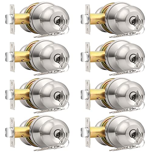 Probrico Door Locks Knobs with Same Key 8 Pack Cylindrical Keyed Entry Ball Knob Lockset, Brushed Nickel Finish, Keyed Like Locks