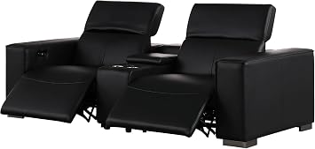BlackJack Furniture Umbria Genuine Leather Power Reclining Console Loveseat with Adjustable Power Headrest, USB Ports & Lumbar Support Modern Design with Stainless Steel Legs, Black