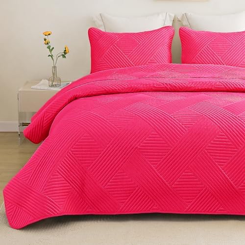 Whale Flotilla Soft Embossed Hot Pink Quilt Set Twin Size, Lightweight Microfiber Quilts Bedspreads Coverlets Bedding Set for All Seasons,1 Quilt, 1 Pillow Sham