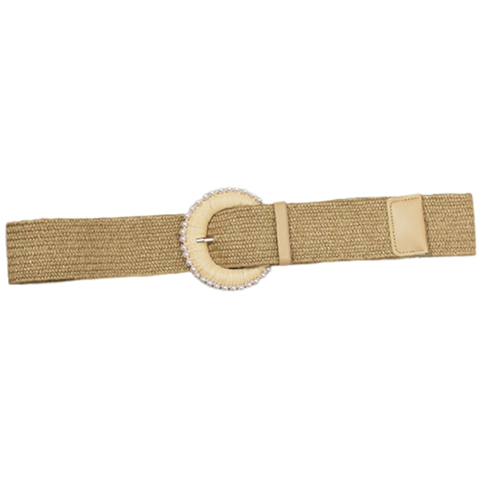 AGUTALITHIC Women Straw Woven Stretch Dress Belt, 4.8cm Wide Boho Braided Raffia Elastic Waist Strap with Pearl Prong Buckle(105cm/41, Khaki-A)
