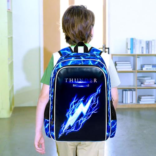 Image of 17 inch Backpack for Boy, 3Pcs Lightning Bookbag for Elementary Preschool Kindergarten, Kids School Backpacks with Lunch Box (Blue)