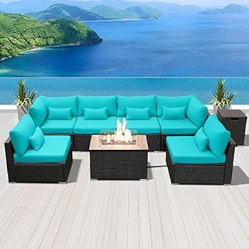 Alternative view of Dineli Patio Furniture Sectional Sofa with Gas Fire Pit Table Outdoor Patio Furniture Sets Propane Fire Pit (Turquoise-Rectangular Table)