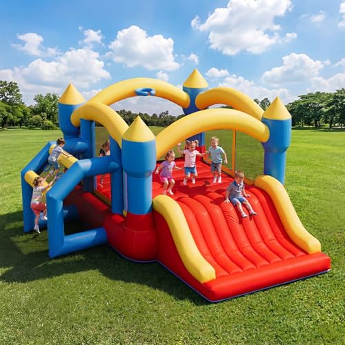 SunSwell Bounce Bouse, 14ft X 13ft Inflatable Bounce Castle with Slide for Kids with Slide for Indoor Outdoor, with Blower, Family Backyard Jumping Castle, Durable and Thick Material