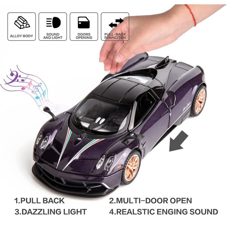 Image of New 1:24 Hayura Diecast Alloy Metal Pull Back Car with Openable Doors Music Sound and Light Vehicle Toy Car for Kids Boys (Purple)