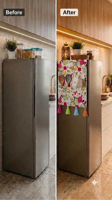 Image of Single Door Fridge Cover 100-250L | 450 GSM Durable Fridge Top Cover with Tassels & Pockets | Fits Godrej, LG, Haier, Samsung Models | Dustproof Refrigerator Cover in Floral | WWW.THROWPILLOW.IN