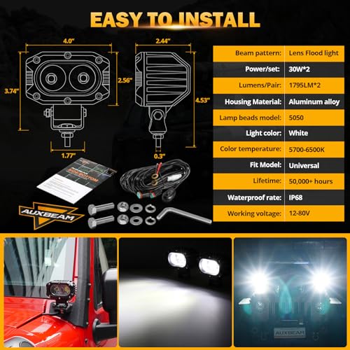 Image of Auxbeam 4 inch Cube LED Pods, Super Bright 60W Offroad Lights Auxiliary Flood Light Pods Motorcycle Driving Light for ATV UTV SUV Boat Jeep